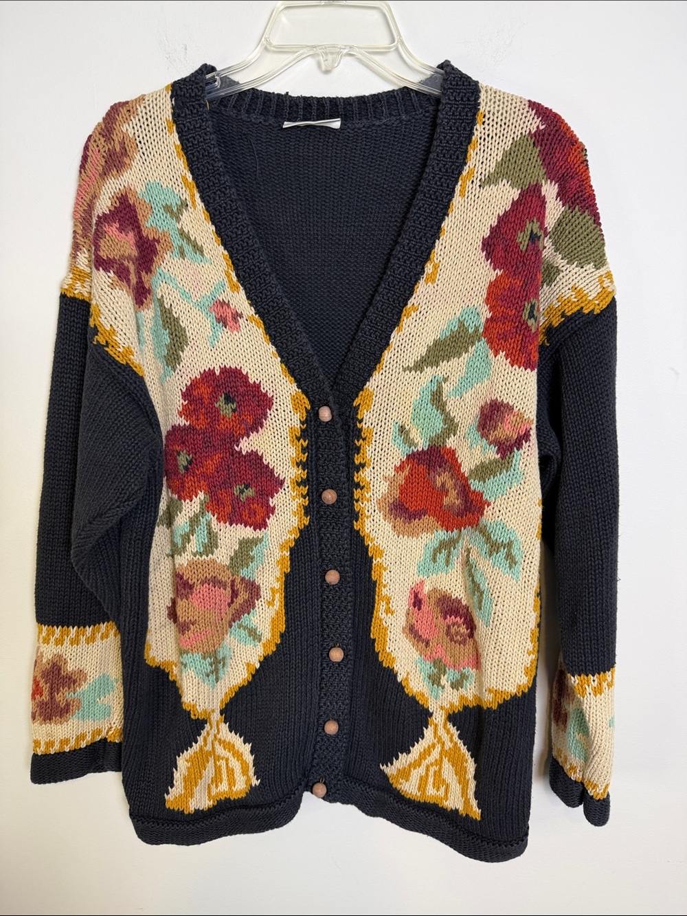 Vintage PARIS SPORT CLUB V-Neck Floral Cotton Cardigan Fall Sweater, Black | XL